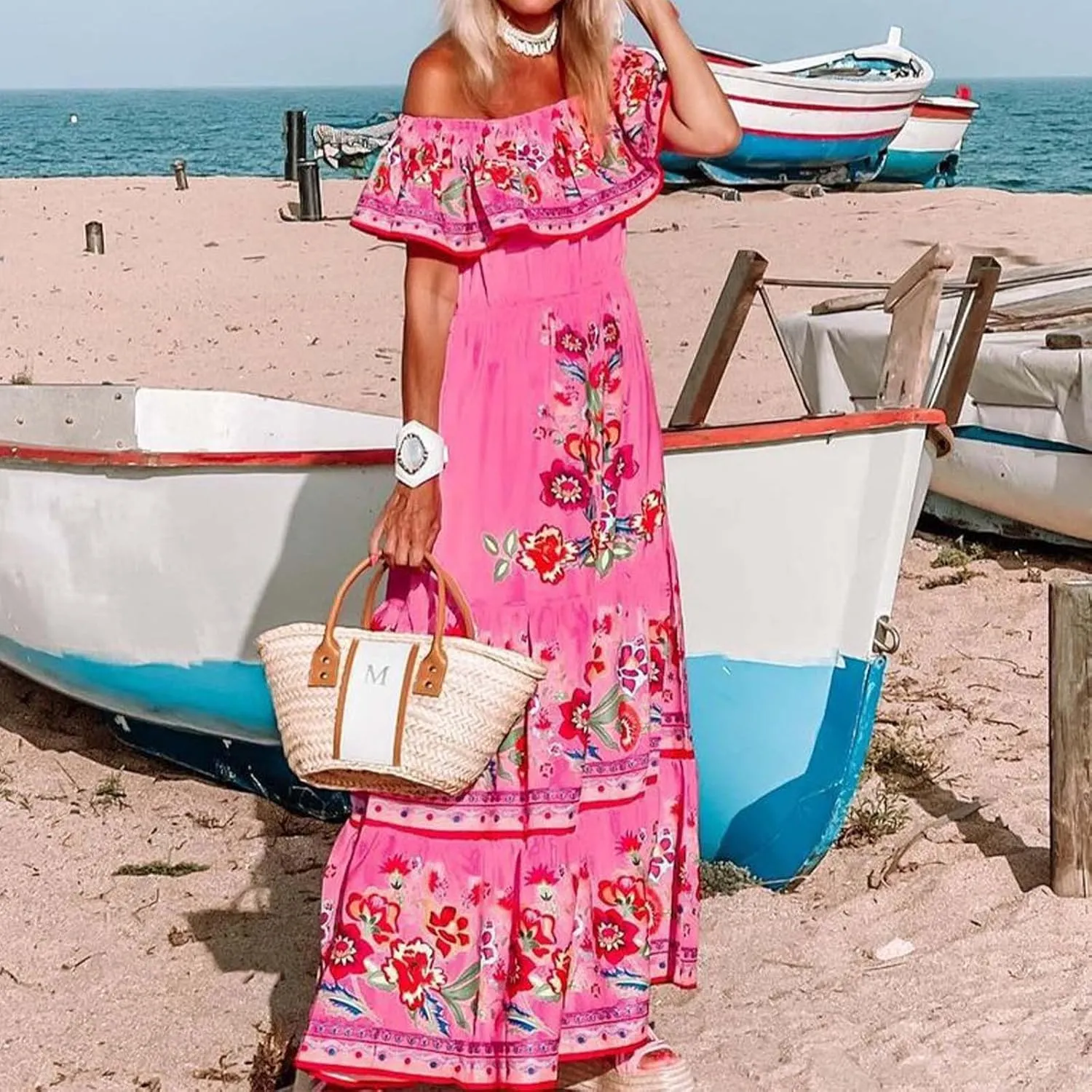Women's Summer Off The Shoulder Maxi Dress Ruffle Strapless Boho Casual Loose Long Holiday Dresses for Women