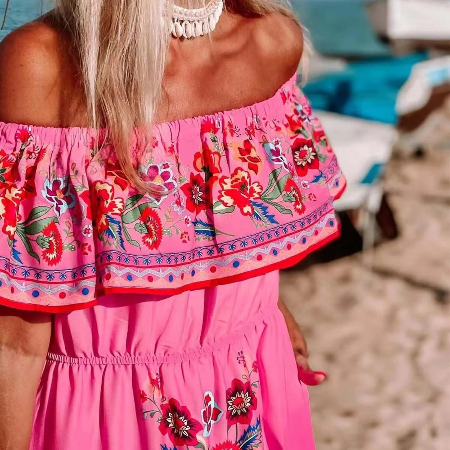 Women's Summer Off The Shoulder Maxi Dress Ruffle Strapless Boho Casual Loose Long Holiday Dresses for Women