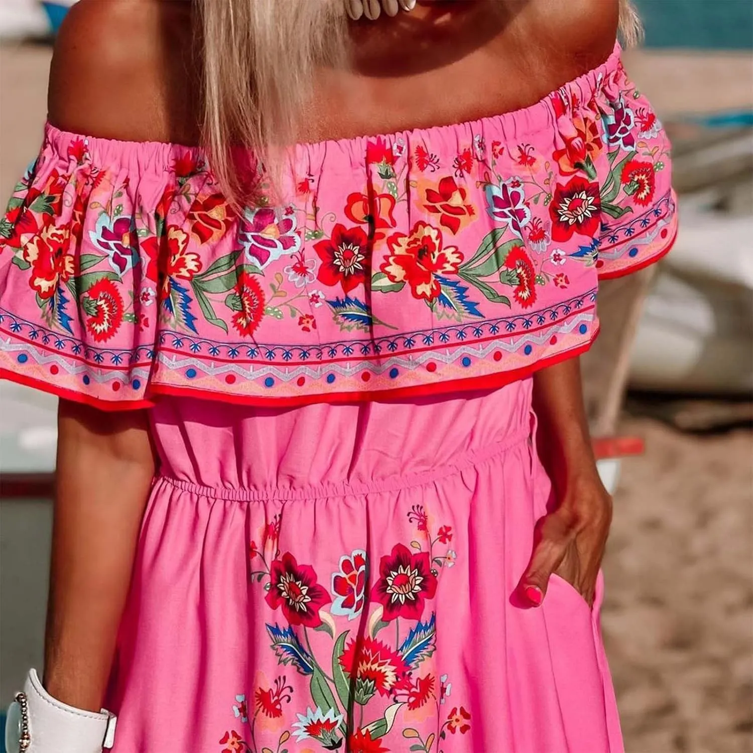 Women's Summer Off The Shoulder Maxi Dress Ruffle Strapless Boho Casual Loose Long Holiday Dresses for Women