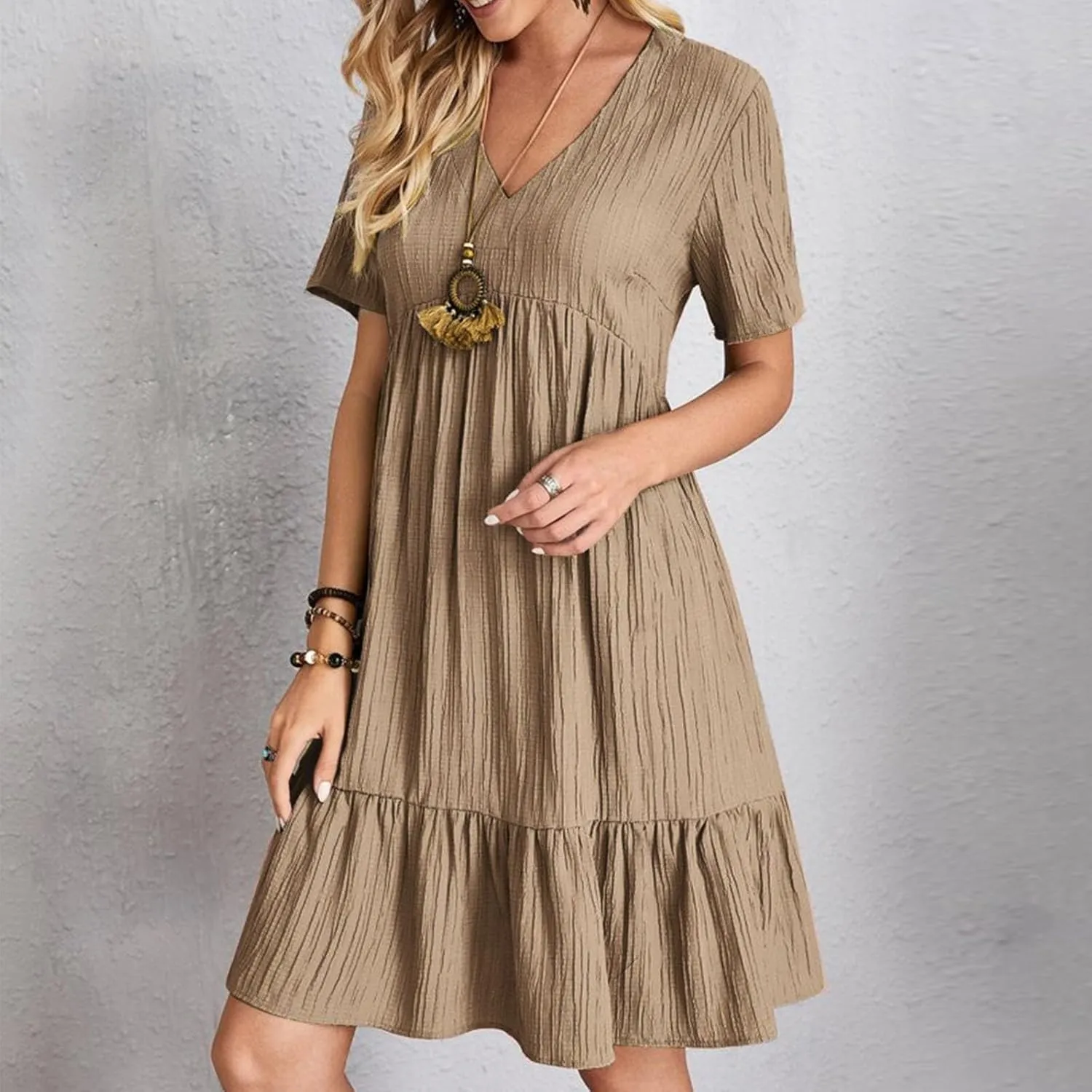 Womens Summer Ruffle Hem Dress Short Sleeve V Neck Sundress Boho Pleated Tank Dresses Casual Dressy Swing Dress