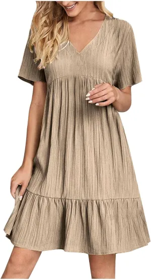 Womens Summer Ruffle Hem Dress Short Sleeve V Neck Sundress Boho Pleated Tank Dresses Casual Dressy Swing Dress