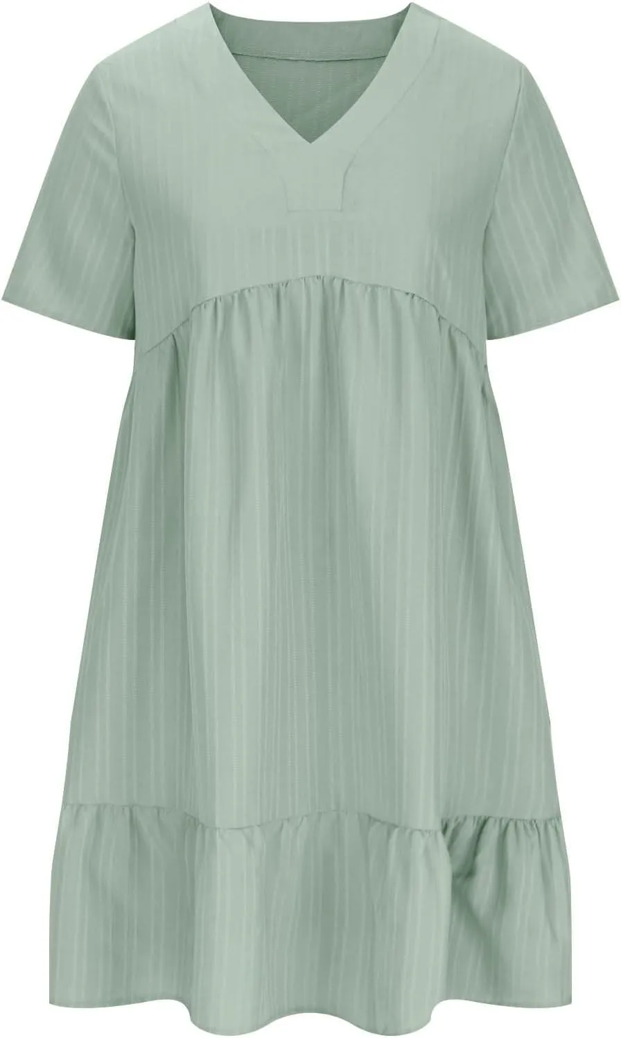 Womens Summer Ruffle Hem Dress Short Sleeve V Neck Sundress Boho Pleated Tank Dresses Casual Dressy Swing Dress