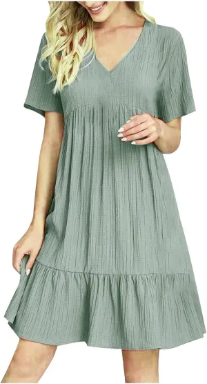Womens Summer Ruffle Hem Dress Short Sleeve V Neck Sundress Boho Pleated Tank Dresses Casual Dressy Swing Dress
