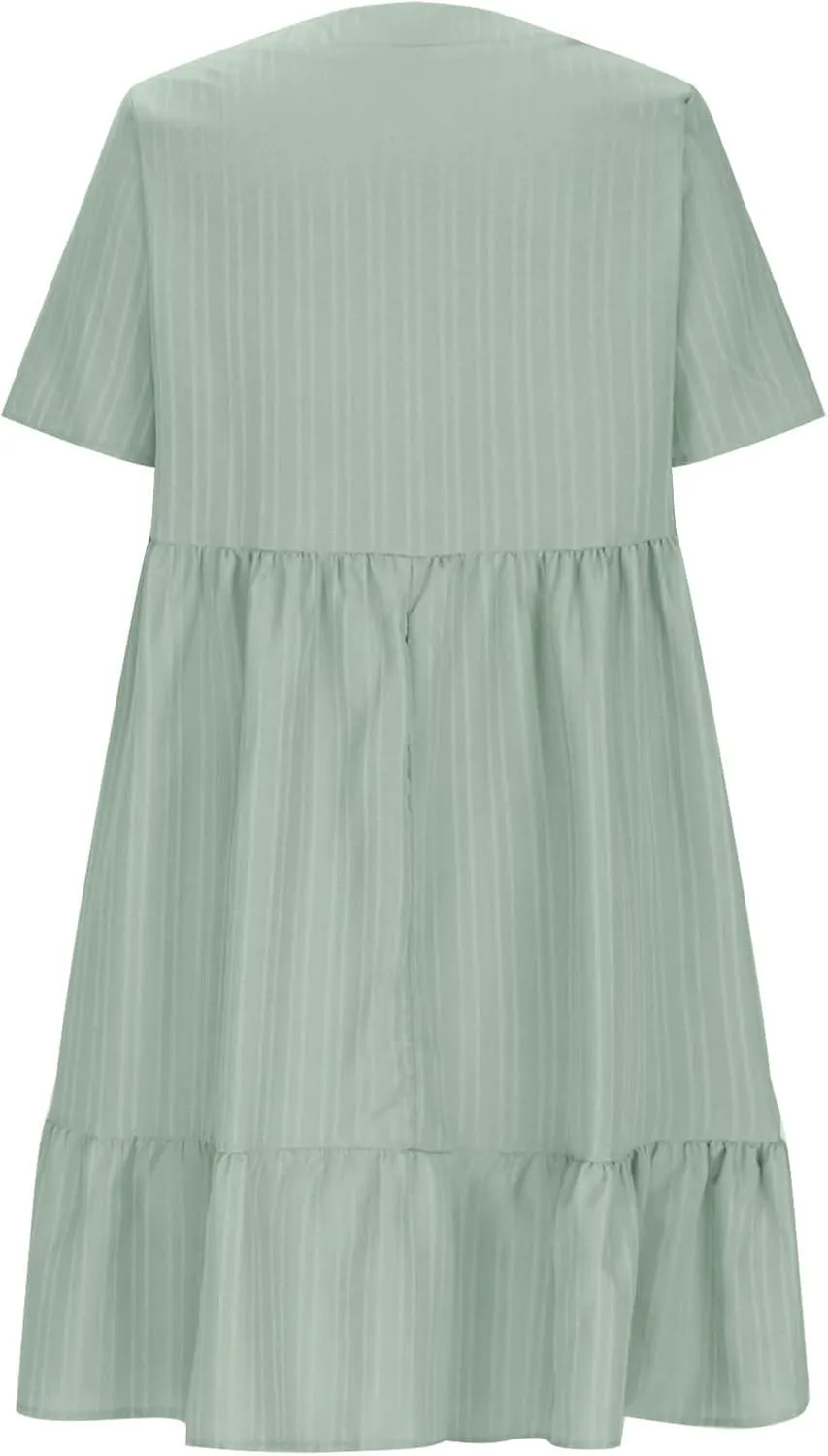 Womens Summer Ruffle Hem Dress Short Sleeve V Neck Sundress Boho Pleated Tank Dresses Casual Dressy Swing Dress