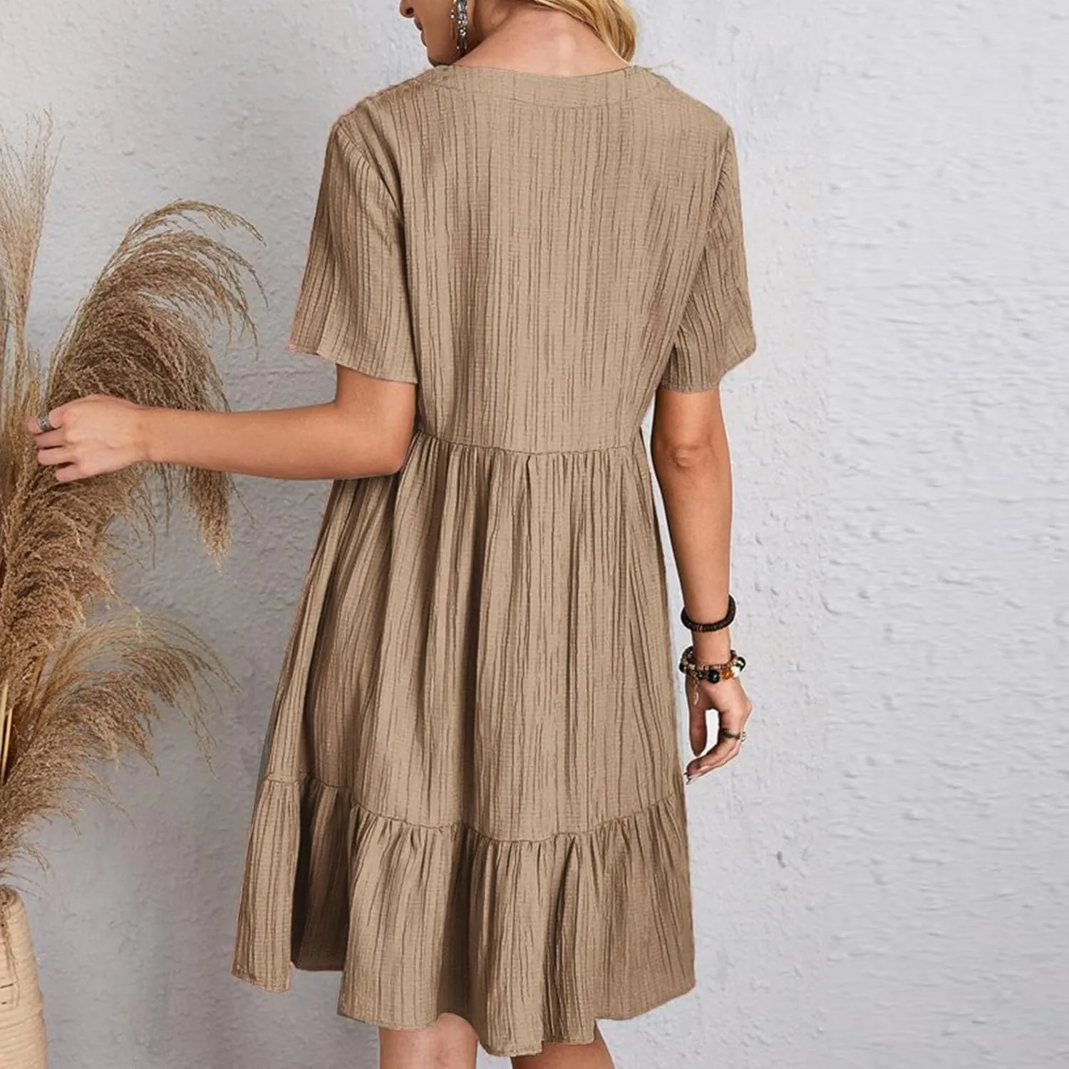 Womens Summer Ruffle Hem Dress Short Sleeve V Neck Sundress Boho Pleated Tank Dresses Casual Dressy Swing Dress