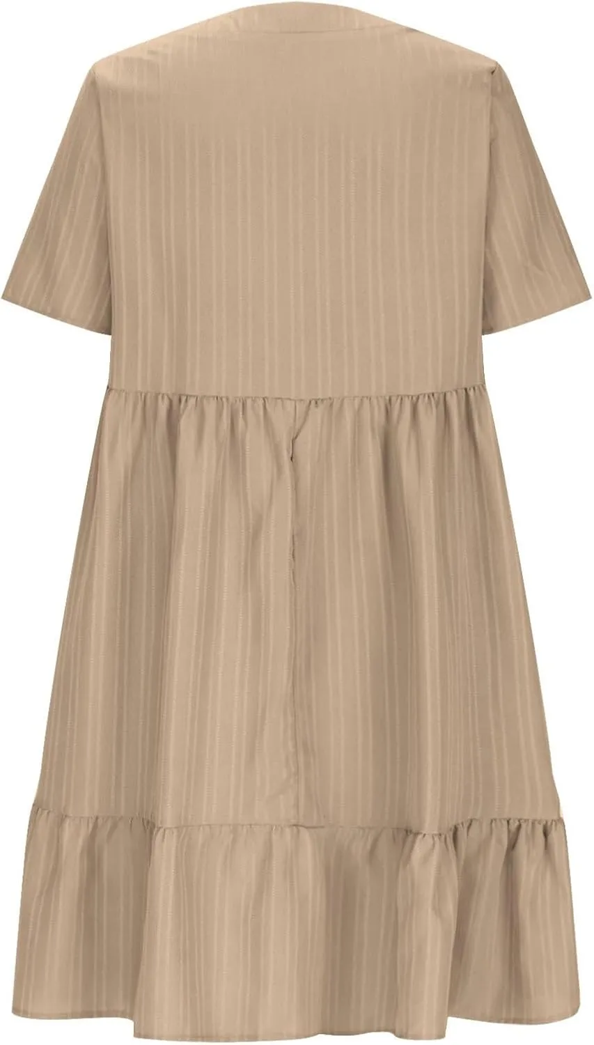 Womens Summer Ruffle Hem Dress Short Sleeve V Neck Sundress Boho Pleated Tank Dresses Casual Dressy Swing Dress