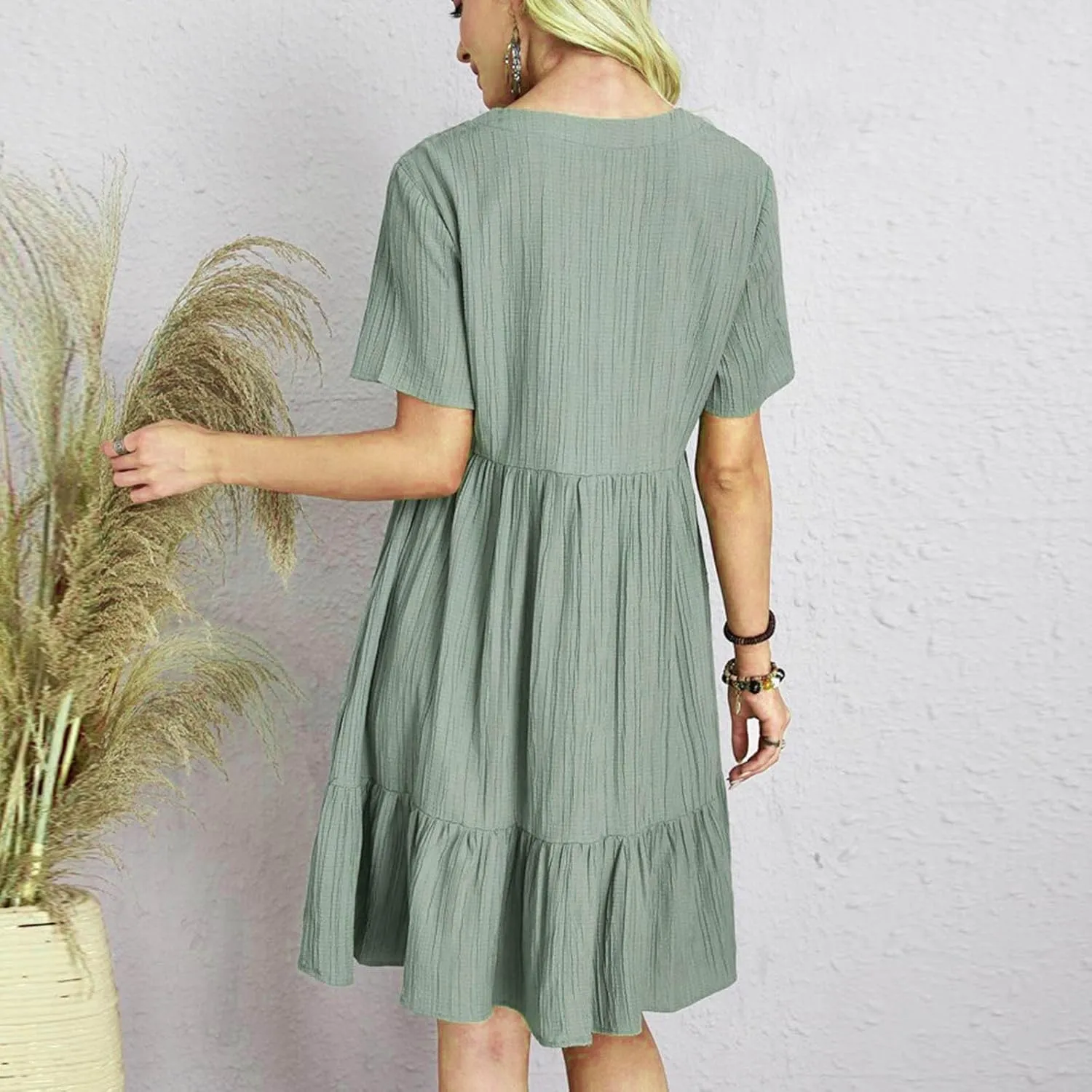 Womens Summer Ruffle Hem Dress Short Sleeve V Neck Sundress Boho Pleated Tank Dresses Casual Dressy Swing Dress