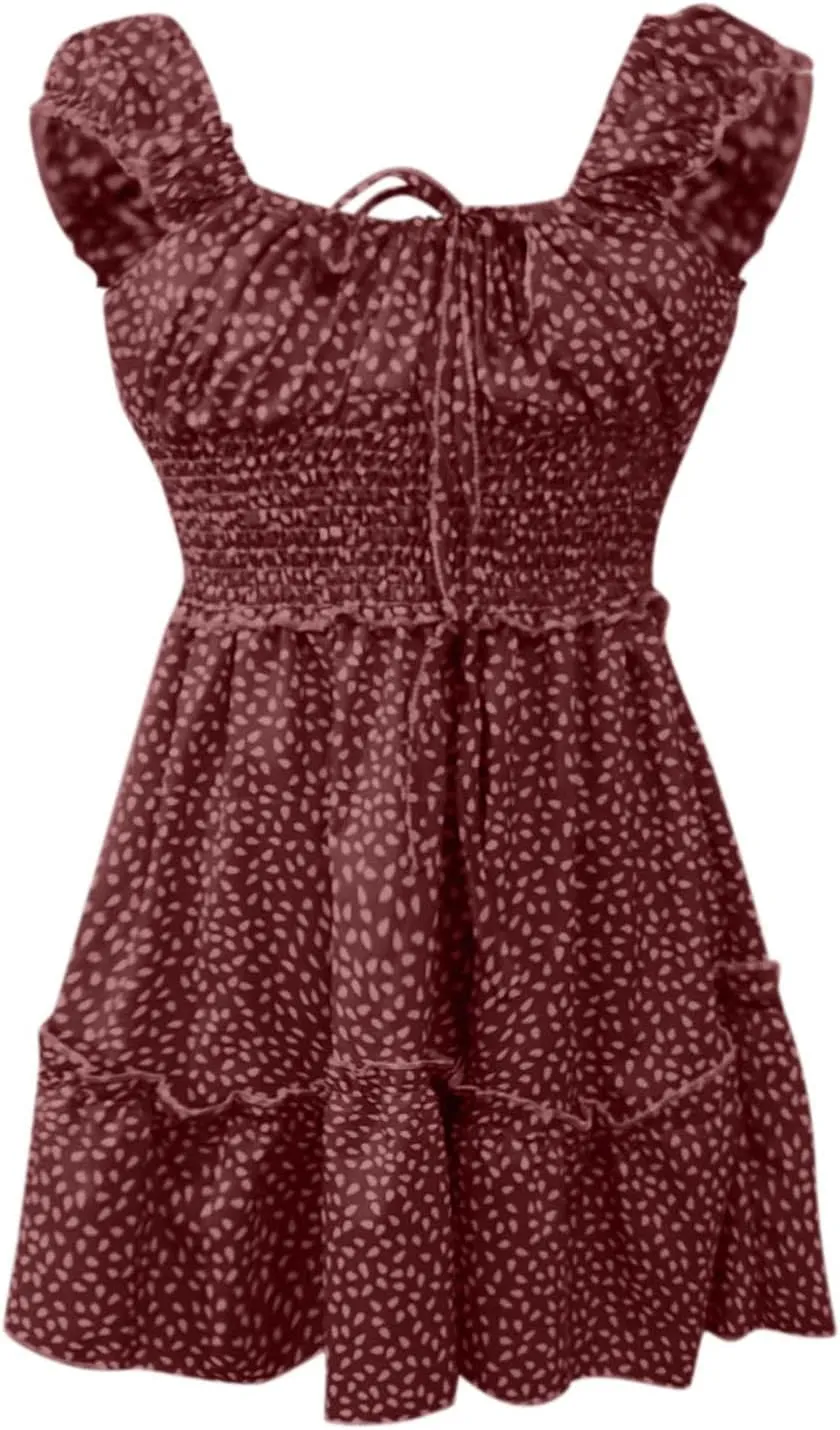 Women's Summer Ruffle Sleeve Mini Dress Sweetheart Neckline Printing Boho Beach Dresses 2025 Vacation Mini Sundress
