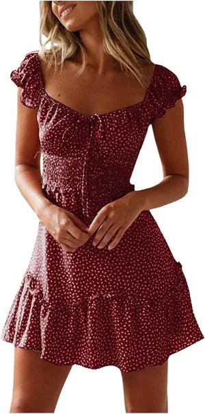 Women's Summer Ruffle Sleeve Mini Dress Sweetheart Neckline Printing Boho Beach Dresses 2025 Vacation Mini Sundress