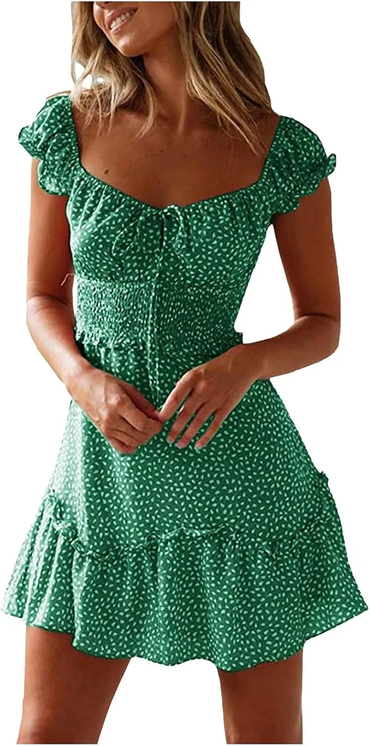 Womens Summer Sexy Sweetheart Collar Printed Ruffle Mini Dress Tie Front Ruffle Trim Ruched Short Dress Sundresses for Women