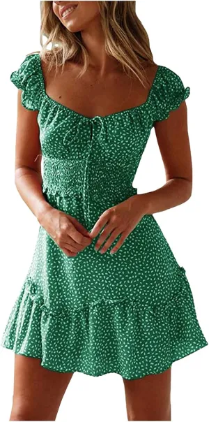 Womens Summer Sexy Sweetheart Collar Printed Ruffle Mini Dress Tie Front Ruffle Trim Ruched Short Dress Sundresses for Women