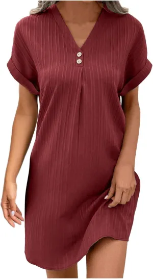 Womens Summer Shirt Dress Short Sleeve A Line Shift Dress Casual Loose Fit Beach Sundress Shirt Tunic Dresses with Pockets
