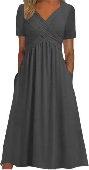Women's Summer Short Sleeve A-Line Midi Dresses Casual Floral T-Shirt Dress Flowy Beach Sundress with Pockets