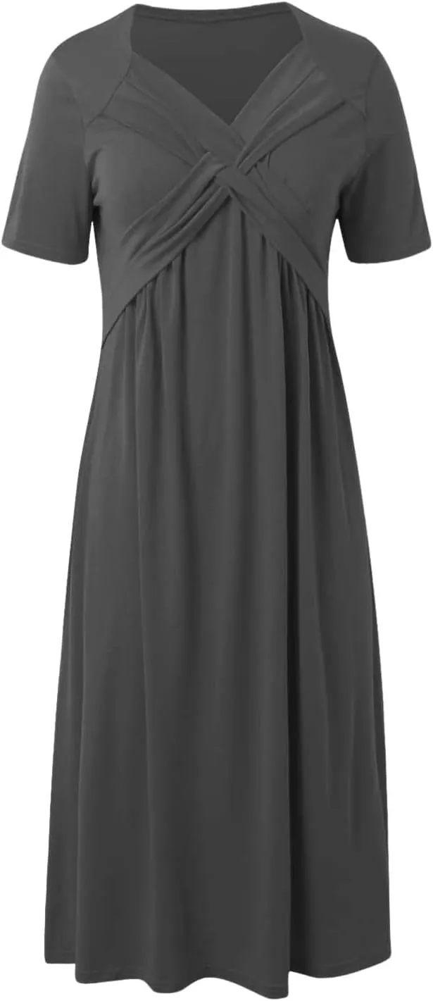 Women's Summer Short Sleeve A-Line Midi Dresses Casual Floral T-Shirt Dress Flowy Beach Sundress with Pockets