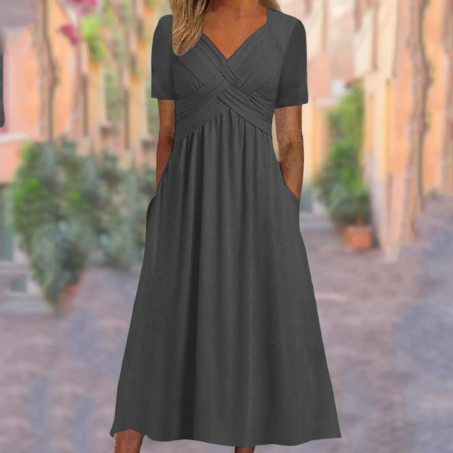 Women's Summer Short Sleeve A-Line Midi Dresses Casual Floral T-Shirt Dress Flowy Beach Sundress with Pockets
