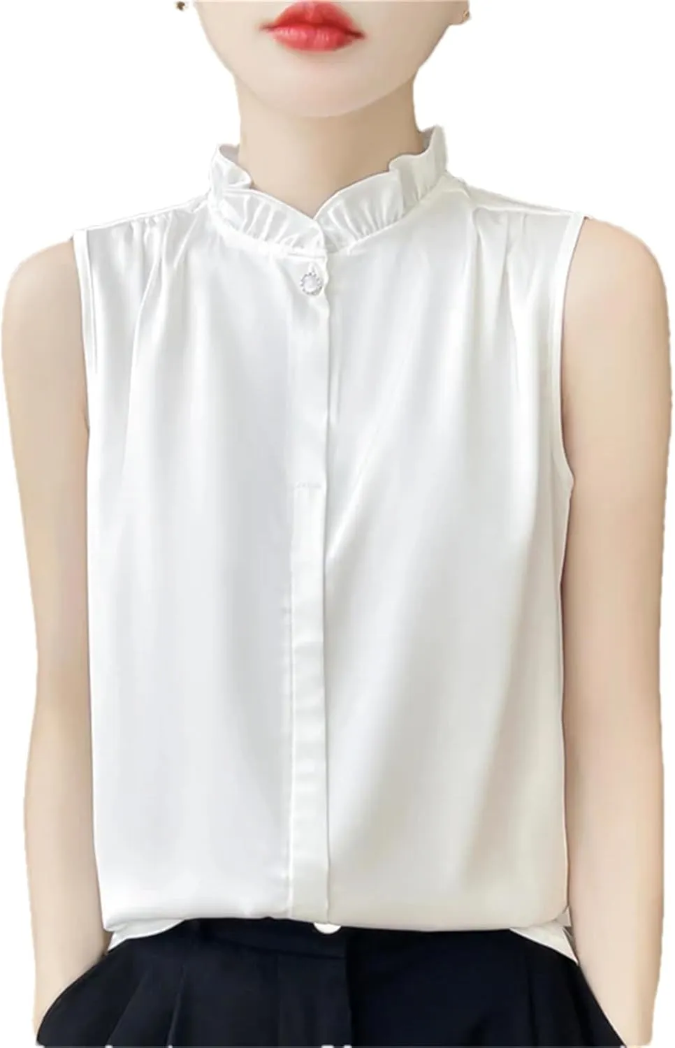 Women's Summer Solid Silk Shirt Vest Top Casual Button Collar Sleeveless Camisole