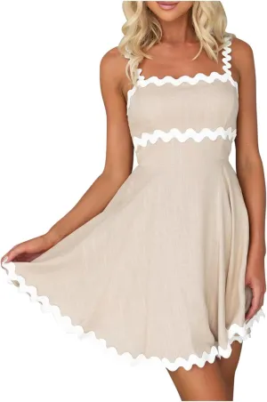 Womens Summer Spaghetti Strap Mini Dress Sleeveless Flowy Sundress with Ruffle Hem Casual Beach Dress
