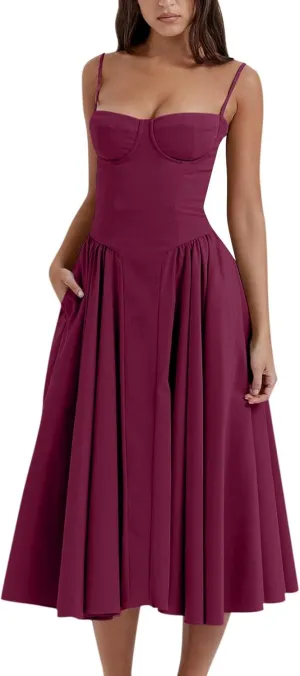 Women's Summer Spaghetti Straps Sleeveless Backless Sundress Flowy Smocked Lace Swing A Line Midi Tank Dress