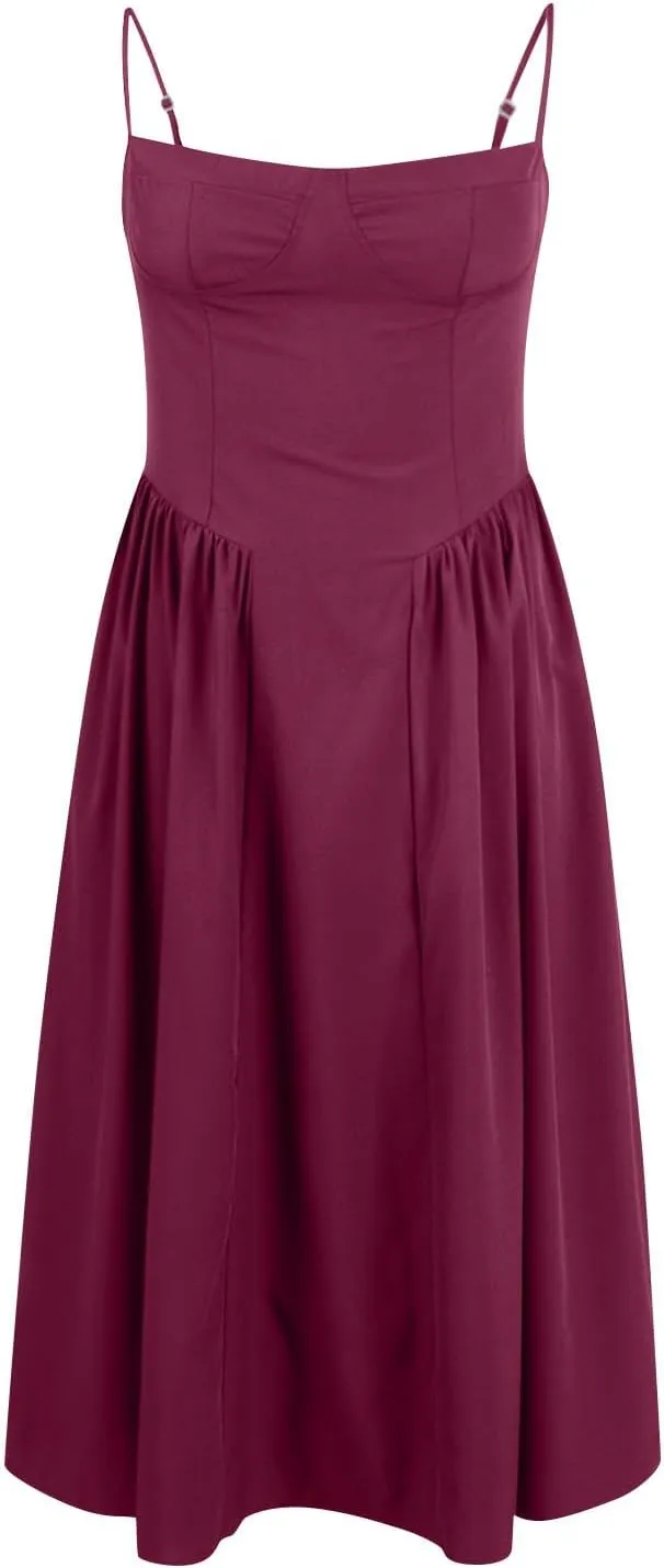Women's Summer Spaghetti Straps Sleeveless Backless Sundress Flowy Smocked Lace Swing A Line Midi Tank Dress