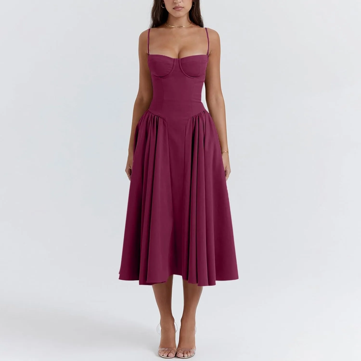 Women's Summer Spaghetti Straps Sleeveless Backless Sundress Flowy Smocked Lace Swing A Line Midi Tank Dress