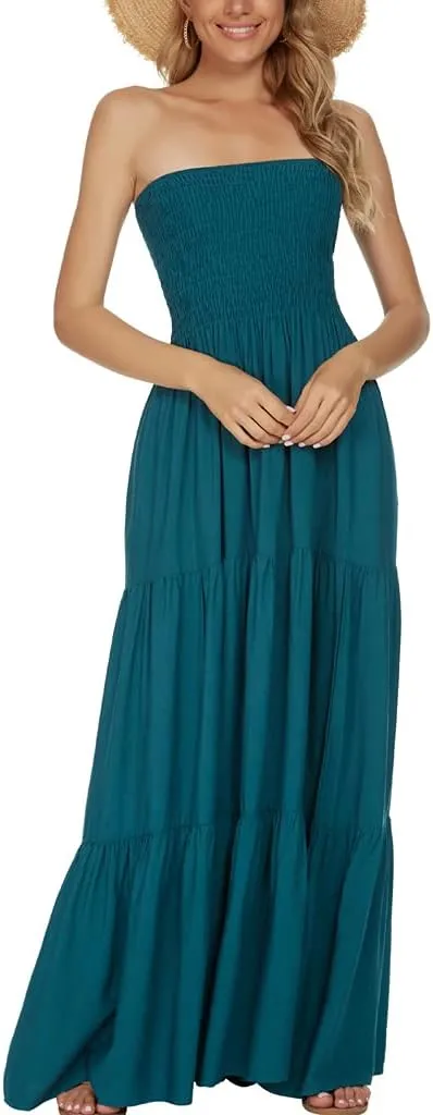 Women's Summer Strapless Tube Top Maxi Dresses Off Shoulder Boho Beach Long Dress