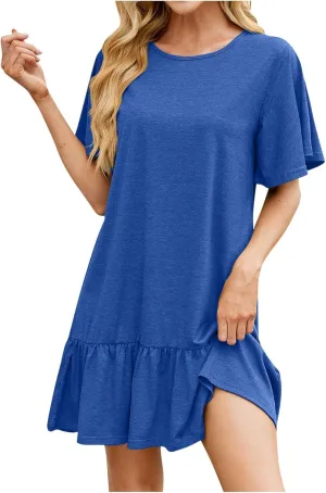 Womens Summer Tshirt Dresses Short Sleeve Round Neck Mini Dress Casual Loose Fit Ruffle Hem Trendy Beach Dresses