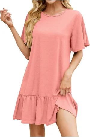 Womens Summer Tshirt Dresses Short Sleeve Round Neck Mini Dress Casual Loose Fit Ruffle Hem Trendy Beach Dresses