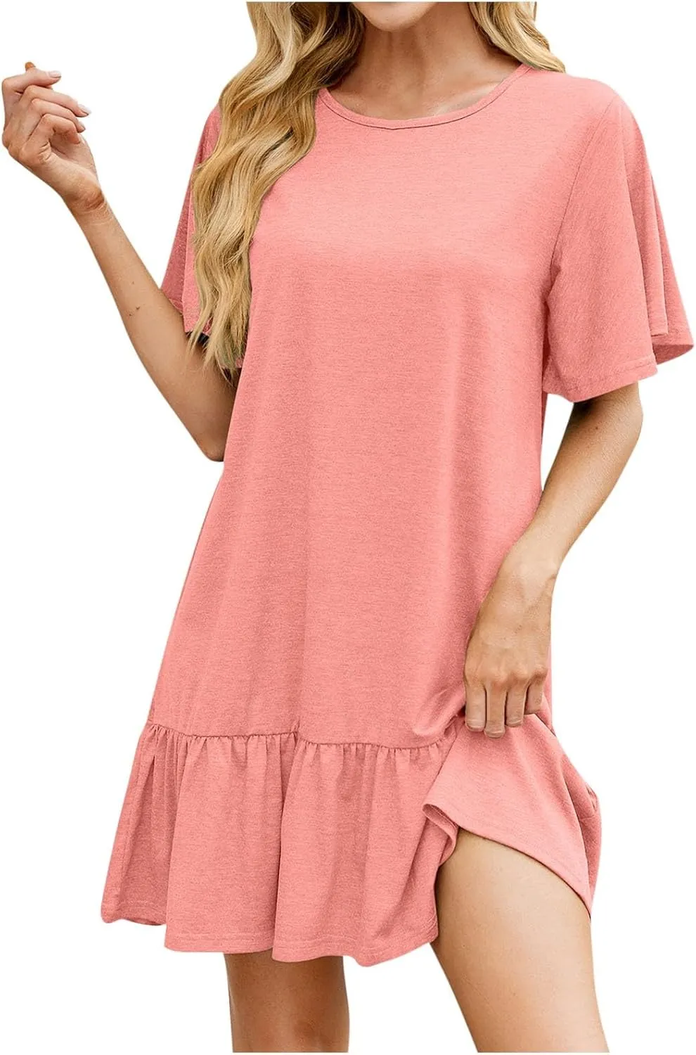 Womens Summer Tshirt Dresses Short Sleeve Round Neck Mini Dress Casual Loose Fit Ruffle Hem Trendy Beach Dresses