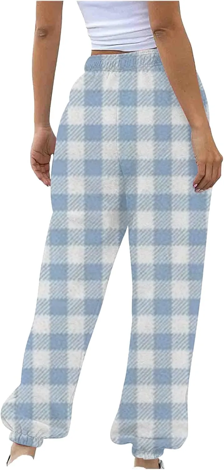 Womens Sweatpants Trendy Plaid Drawstring High Waist Active Workout Trousers Baggy Casaul Joggers Pants with Pockets