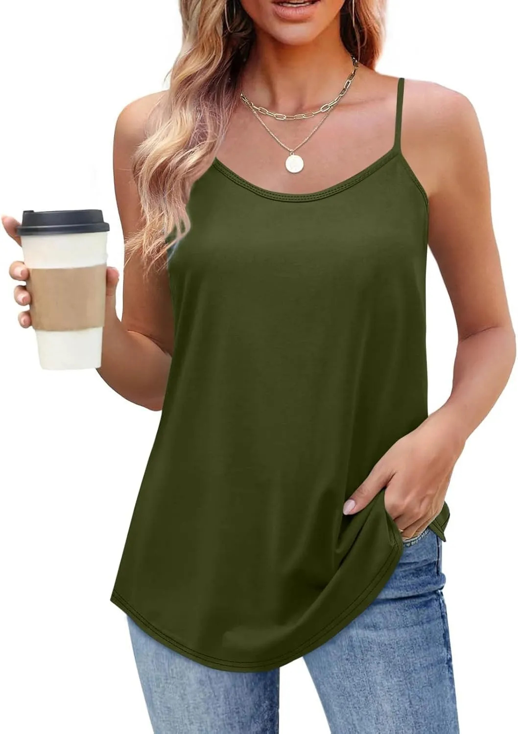 Womens Tank Tops Scoop Neck Spaghetti Strap Tank Top Loose Fit Camisole Sleeveless Summer Tops Trendy Vacation Outfits