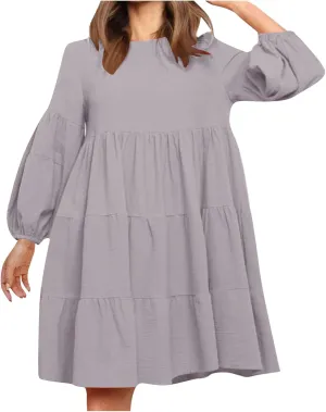 Womens Tiered Ruffle Mini Dresses Lantern Long Sleeve Crewneck A-Line Dress Casual Loose Fit Babydoll Swing Dress