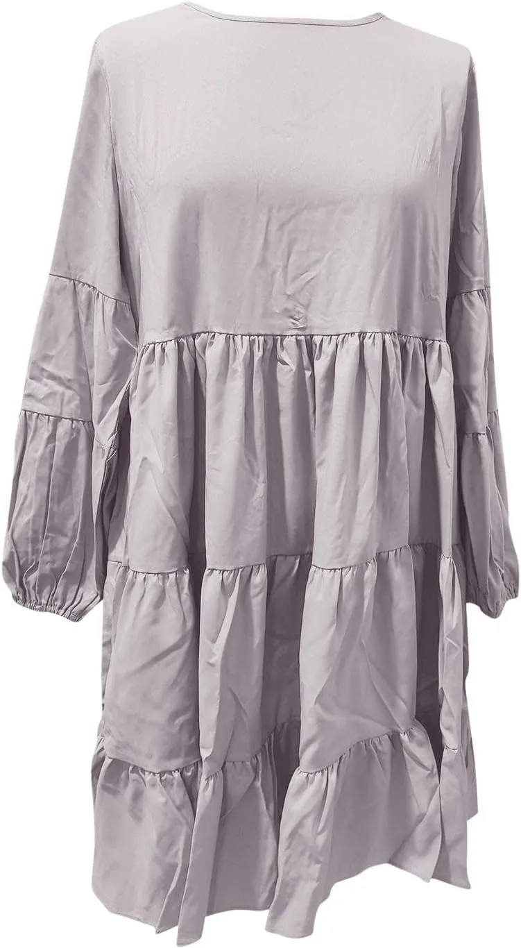 Womens Tiered Ruffle Mini Dresses Lantern Long Sleeve Crewneck A-Line Dress Casual Loose Fit Babydoll Swing Dress