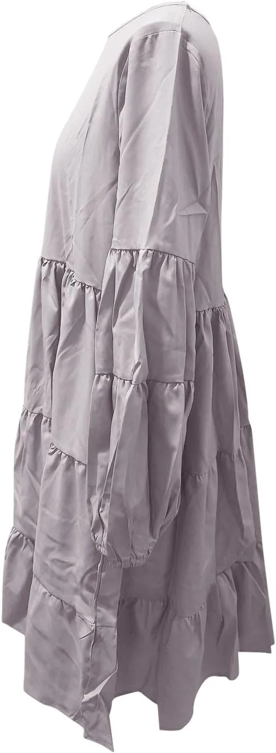 Womens Tiered Ruffle Mini Dresses Lantern Long Sleeve Crewneck A-Line Dress Casual Loose Fit Babydoll Swing Dress