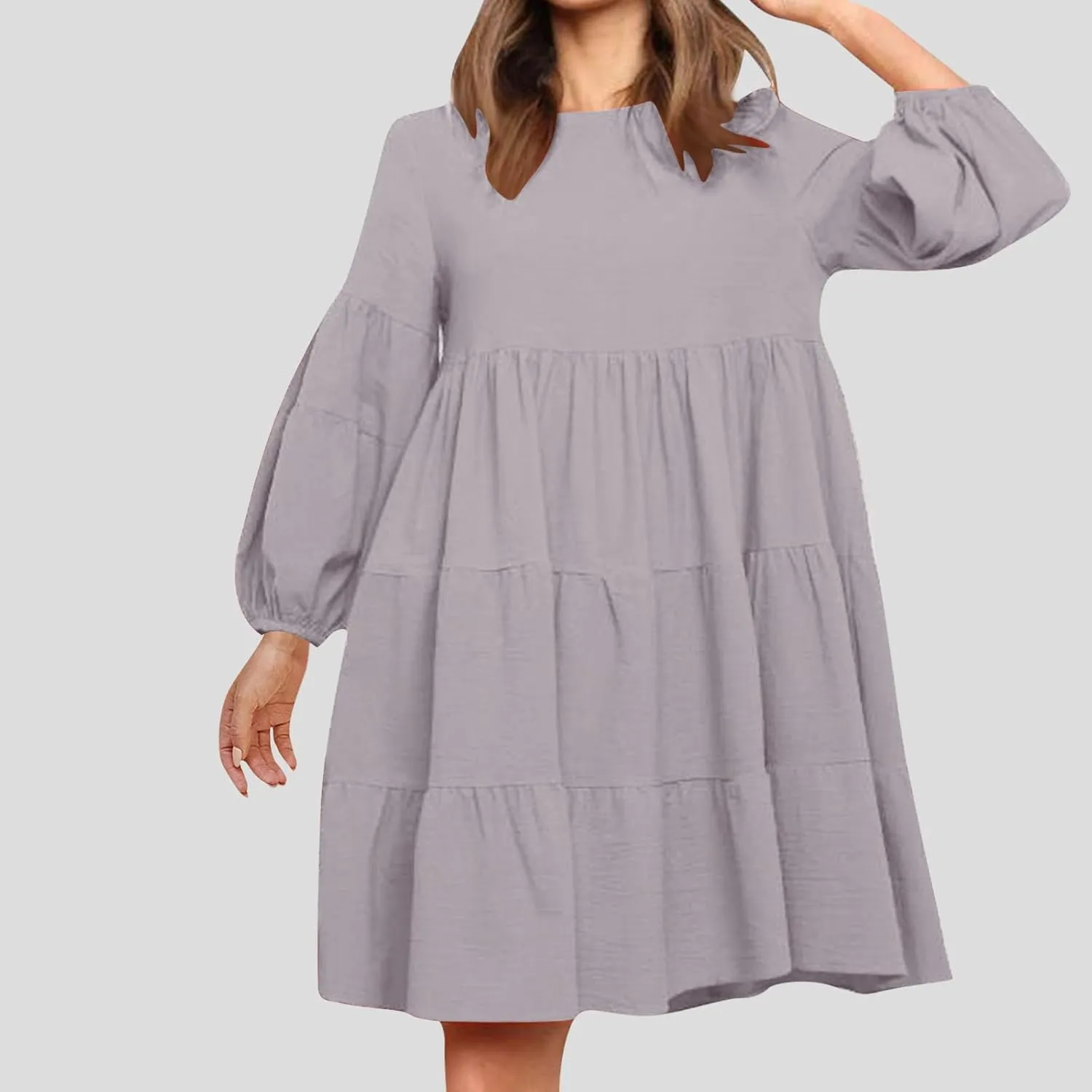 Womens Tiered Ruffle Mini Dresses Lantern Long Sleeve Crewneck A-Line Dress Casual Loose Fit Babydoll Swing Dress