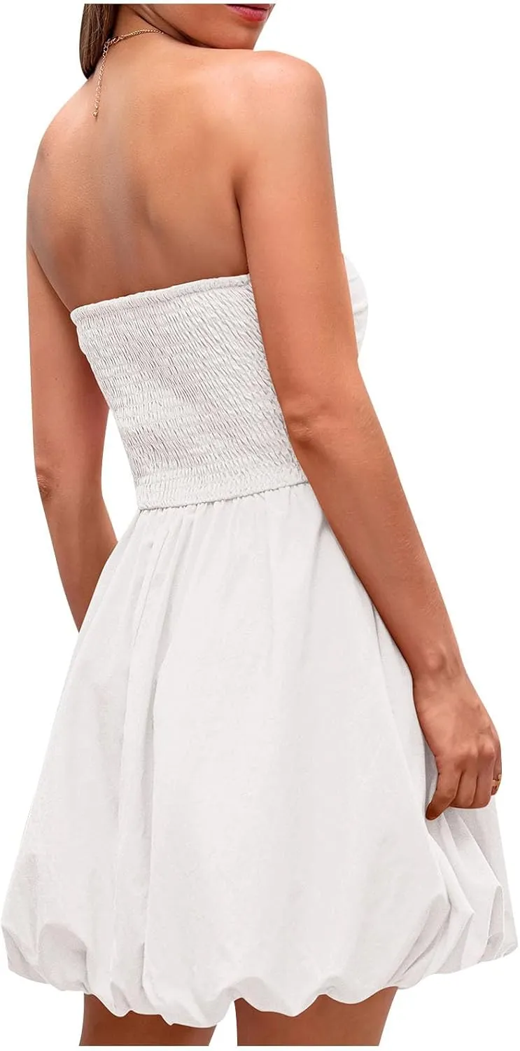 Women's Tube Top Dress 2025 Summer Casual Smocked A Line Sundress Trendy Strapless Bubble Short Beach Mini Dresses