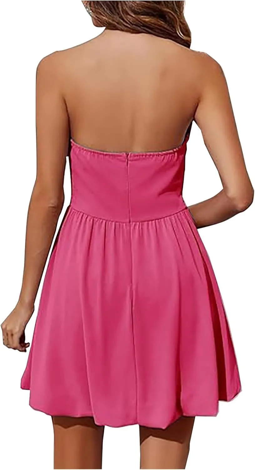 Women's Tube Top Dress Sexy Off Shoulder Ruffle Tiered Flowy Mini Dresses Summer Trendy Strapless Bubble Short Dress