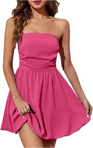 Women's Tube Top Dress Sexy Off Shoulder Ruffle Tiered Flowy Mini Dresses Summer Trendy Strapless Bubble Short Dress
