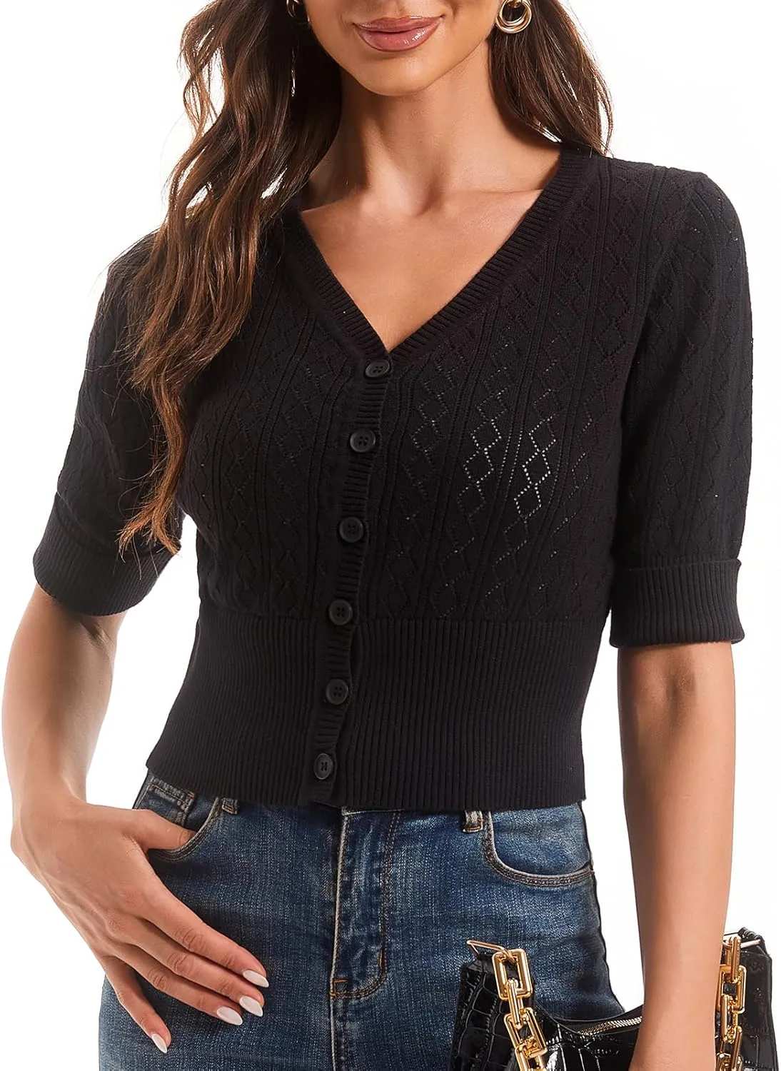 Women's V Neck Cropped Cardigan, Short Sleeve Casual Button Front Knit Sweater Top