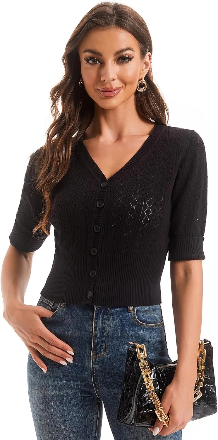 Women's V Neck Cropped Cardigan, Short Sleeve Casual Button Front Knit Sweater Top
