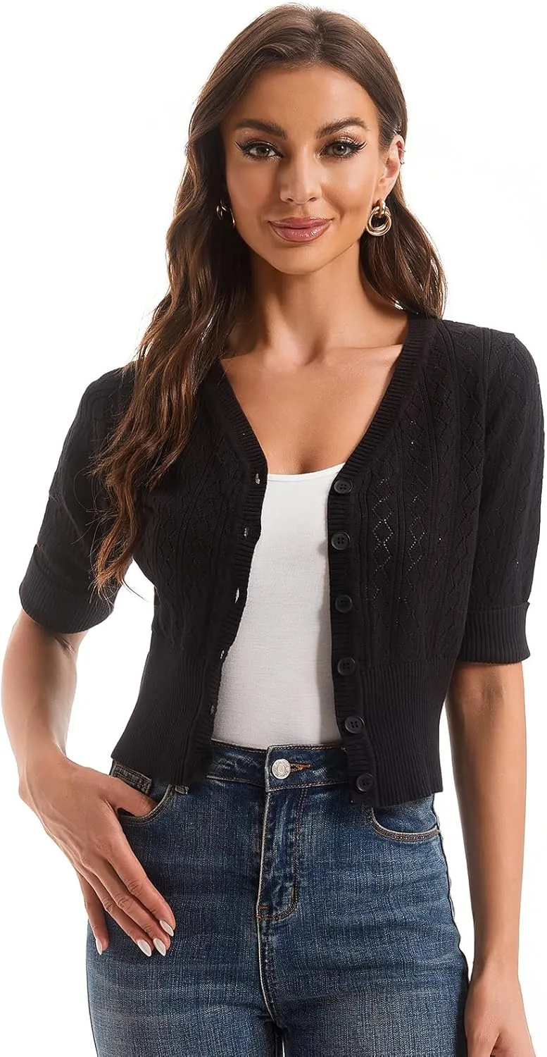 Women's V Neck Cropped Cardigan, Short Sleeve Casual Button Front Knit Sweater Top