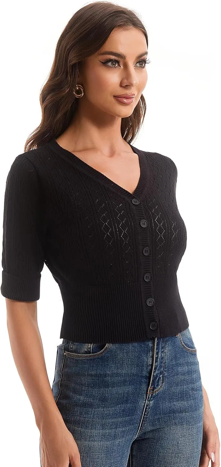 Women's V Neck Cropped Cardigan, Short Sleeve Casual Button Front Knit Sweater Top