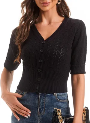 Women's V Neck Cropped Cardigan, Short Sleeve Casual Button Front Knit Sweater Top