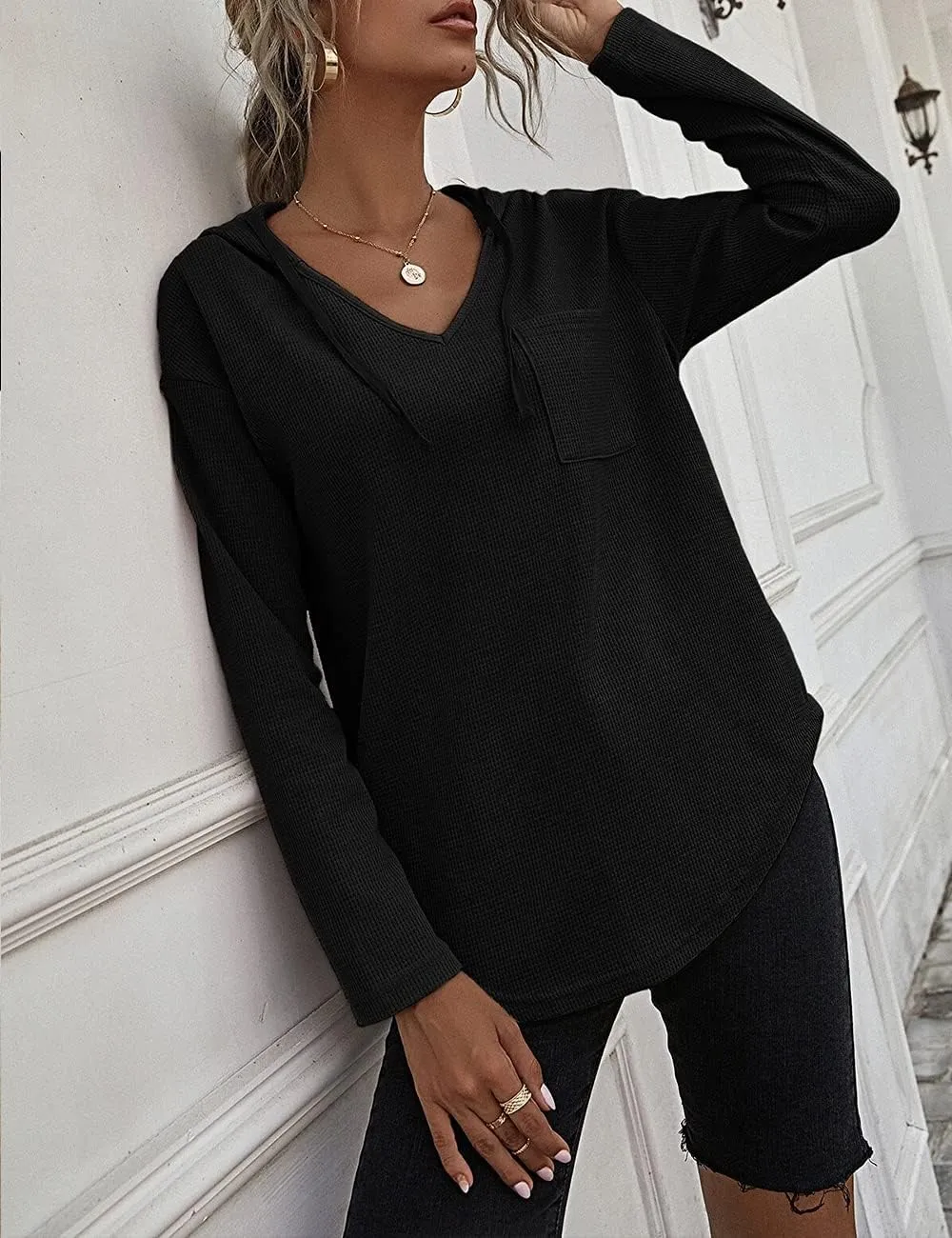 Women's V Neck Hoodies Long Sleeve Sweatshirt Drawstring Pullover Tops with Pocket