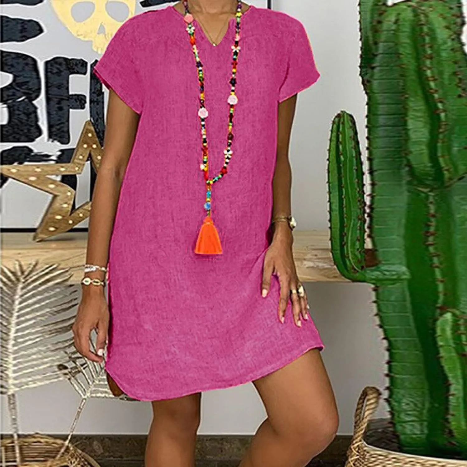 Womens V-Neck Midi Dress Summer Short Sleeve Plus Size Flowy Solid Color Cotton Linen Beach Dress T-Shirt Dresses