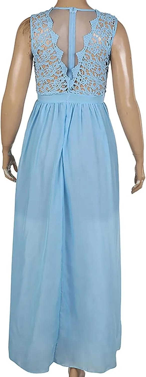 Womens Wedding Dress Lace Double V-Neck Sleeveless Evening Dress Chiffon Prom Dresses for Women's Formal Wedding Party Gowns