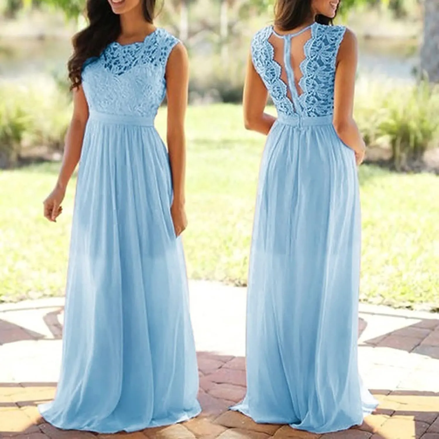 Womens Wedding Dress Lace Double V-Neck Sleeveless Evening Dress Chiffon Prom Dresses for Women's Formal Wedding Party Gowns
