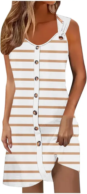 Xiaojmake Summer Striped Short Dresses for Women 2025 Beach Swimsuit Coverups Vacation Sleeveless Button Down Sundresses