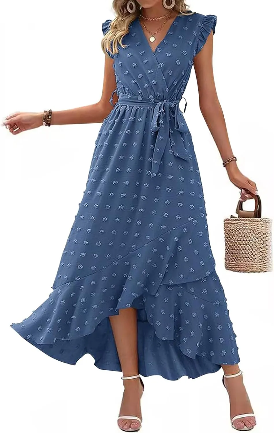 Xiaojmake Women Boho Summer Dresses V Neck Ruffle Sleeve Swiss Dot Dress High Low Slit Cocktail Party Flowy Tiered Midi Dress