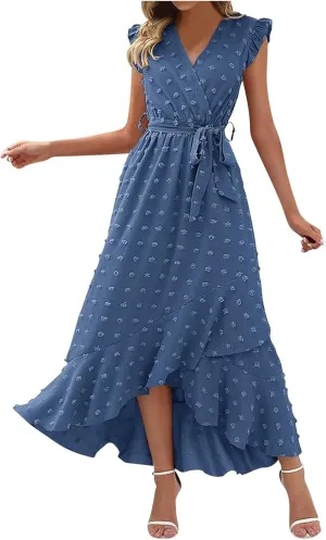 Xiaojmake Women Boho Summer Dresses V Neck Ruffle Sleeve Swiss Dot Dress High Low Slit Cocktail Party Flowy Tiered Midi Dress