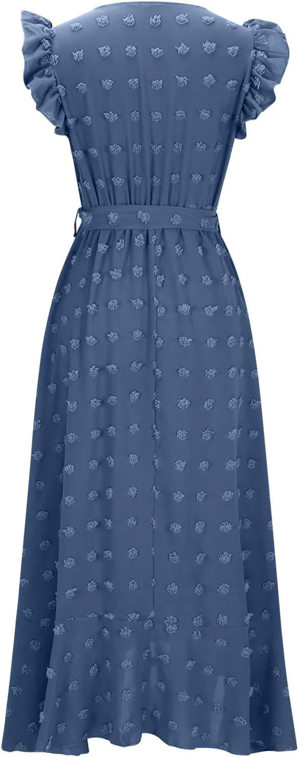 Xiaojmake Women Boho Summer Dresses V Neck Ruffle Sleeve Swiss Dot Dress High Low Slit Cocktail Party Flowy Tiered Midi Dress